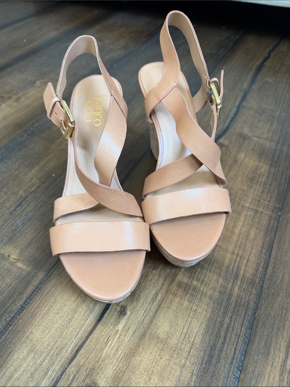Franco Sarto Tan Leather Crisscross Wedge Sandals with Gold Buckle